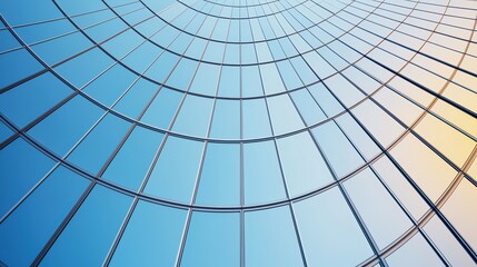 Modern architectural design with curved glass facade showcasing reflections and bright blue sky in urban setting