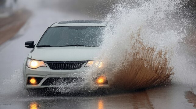 Car is driving through a puddle of water, splashing water everywhere. The car is white and has a black grill. The scene is wet and rainy, with the car's headlights shining through the water