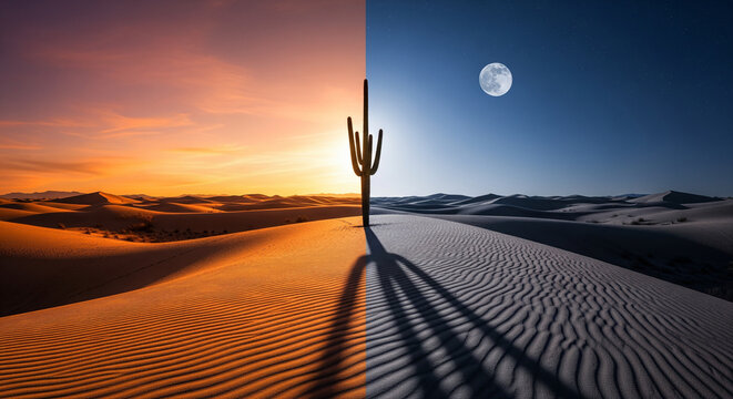 Split image depicting a desert landscape: one side shows a vibrant sunset with a saguaro cactus, the other side shows a moonlit night with the same cactus casting a long shadow.