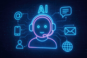 AI chatbot avatar with communication icons and digital network background artificial intelligence headset