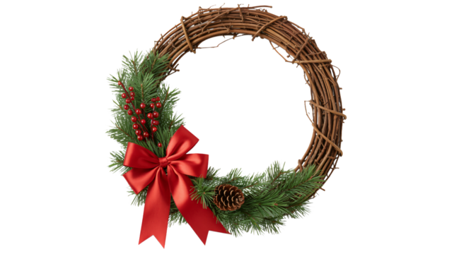 Festive holiday wreath with vibrant red bow, pine sprigs and berries brings classic Christmas cheer to any home or holiday decoration project easily