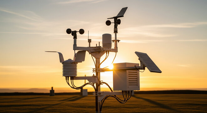 A weather station silhouette stands against a vibrant sunset, capturing atmospheric data.