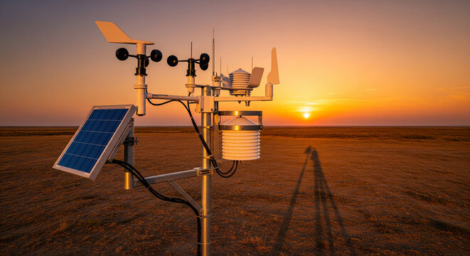 Weather station instruments against a vibrant sunset over a barren landscape, capturing data.