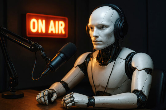 Android robot wearing headphones in front of a microphone and an "ON AIR" sign artificial intelligence