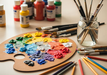 Naklejka premium Artist's workspace featuring a palette with colorful paints, brushes in a jar of water, and bottles of paint on a light surface.
