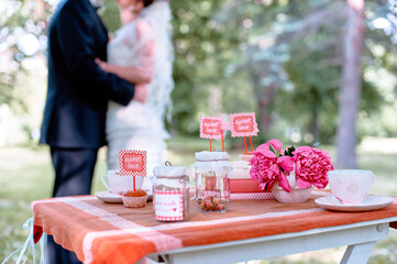 A beautiful wedding photo featuring a blurred bride and groom in focus with a rustic table adorned...