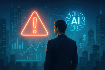 Businessman observes AI warning sign and financial data against a city skyline suit artificial intelligence