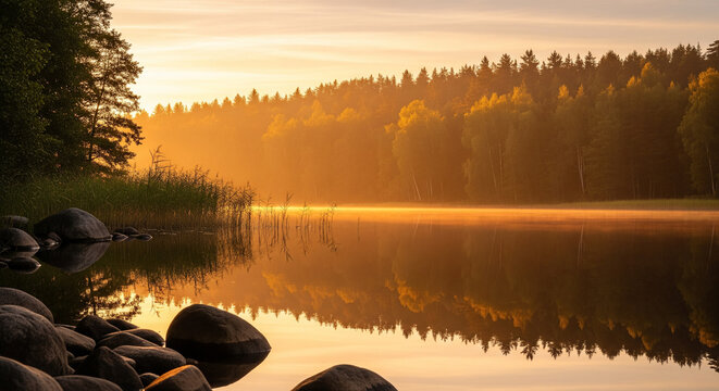 Golden light bathes a tranquil lake surrounded by a dense forest, with reflections mirrored in the calm water and rocks in the foreground.