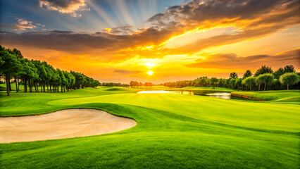 Sunset Golf Course Landscape with Lush Greens and Sky