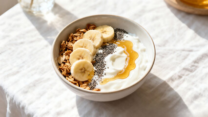 Bowl of granola with yogurt, banana slices, chia seeds, and honey drizzle on bright linen table