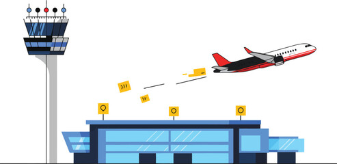 Air traffic control tower and modern airport terminal with jet airplane taking off vector