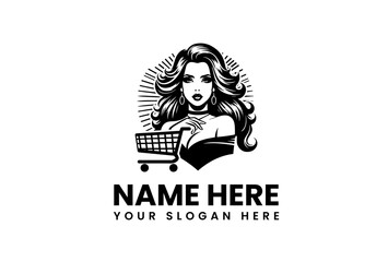 Classic beauty queen mascot logo with a shopping cart, perfect vector emblem for a retail store, boutique, or online shop