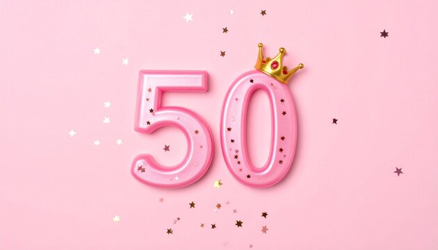 Pink balloon-style number "50" on light pink background, golden crown atop zero, surrounded by gold and black star confetti, festive and elegant milestone design.