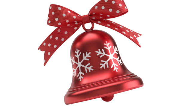 Festive red bell with snowflake details and a charming polka dot bow, perfect for winter celebrations and holiday cheer this Christmas season