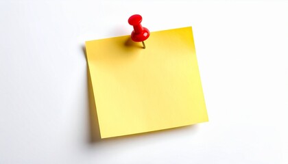 Blank yellow square sticky note pinned to white surface with two red push pins near top edge, minimal and clean composition.
