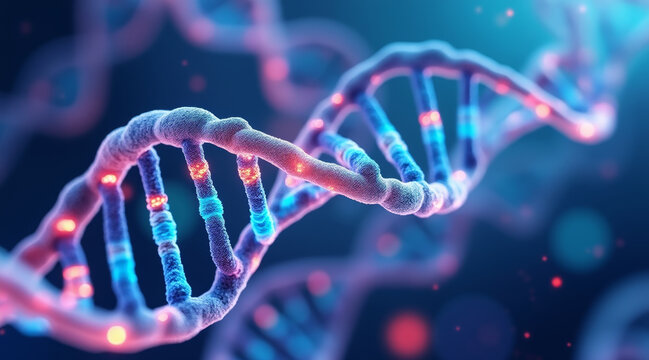DNA strand with glowing gene mutation markers showing melanoma risk in scientific and medical research concept image