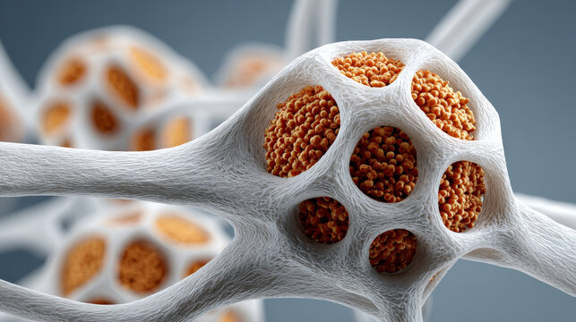 Porous bone tissue osteon structure trabecular network mineral texture cellular cluster macro detail medical science healing