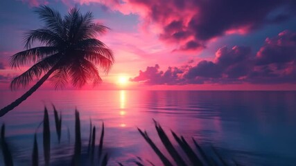 A solitary palm tree silhouette against a vibrant pink and purple sunset over calm ocean waters - Powered by Adobe