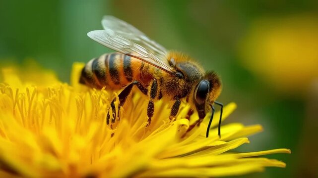 Honey bee is collecting yellow pollen from a dandelion in close-up