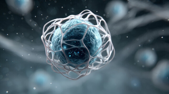 Bioluminescent synthetic cell floating abstract network blue science. bioluminescent synthetic cell floating abstract network