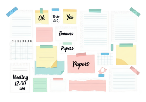 Paper notes and stickers isolated on transparent background