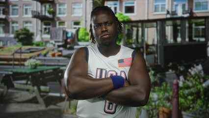 Fototapeta premium Man arms crossed wearing usa basketball jersey and blue wristband, flag patch visible, standing in an urban street cafe with benches and planters; defiance.