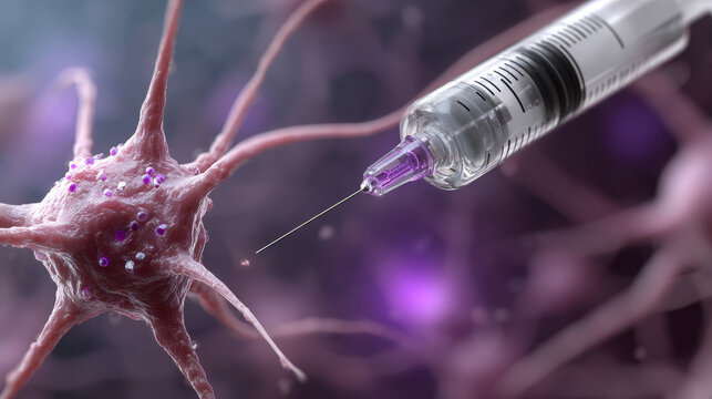 Hormonal injection concept ,Hormone release medical injection syringe neuron nerve cell purple glow calm focus hope