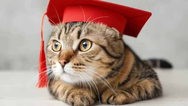 Scottish fold cat with big eyes wearing graduation hat, representing education and intellect