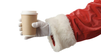 Santa's coffee break offers holiday cheer, featuring a traditional red suit, white gloves, and a hot takeaway beverage for seasonal designs