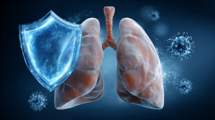 Influenza lung protection concept ,lung health protection shield immunity defense virus prevention respiratory care