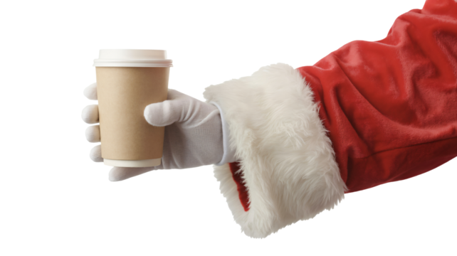 Santa's coffee break offers holiday cheer, featuring a traditional red suit, white gloves, and a hot takeaway beverage for seasonal designs - Powered by Adobe