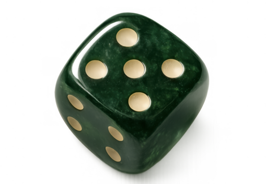 Green dice showing five, representing gaming, luck, chance, casino, hobby and strategic decision making