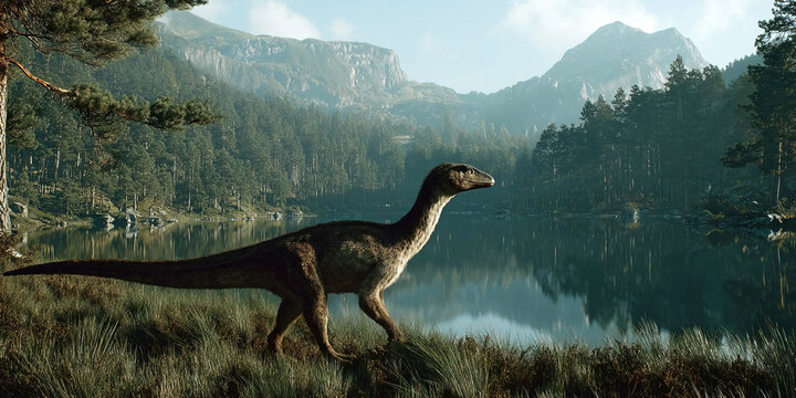 Lesothosaurus exploring a primeval landscape with lakes and mountains