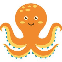 Cute Orange Octopus Cartoon With Yellow Tentacles And Blue Dots Smiling On Transparent Background