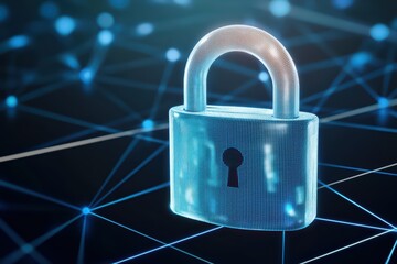 Digital padlock symbolizing cybersecurity and data protection in a connected technology network with abstract elements