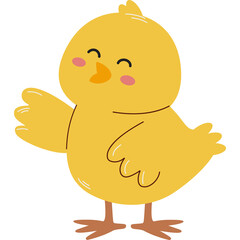 Cute Cartoon Yellow Chick Waving Hello With Smiling Face and Pink Cheeks on Transparent Background