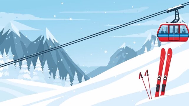 A vibrant illustration of a winter ski resort with a gondola, snow-covered mountains, and red skis in the foreground.