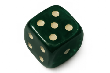 Green die showing number five for chance, risk, success, decision making, game, gambling, destiny, luck concepts