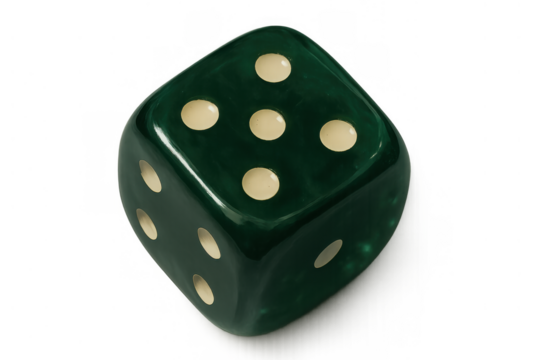 Green die showing number five for chance, risk, success, decision making, game, gambling, destiny, luck concepts