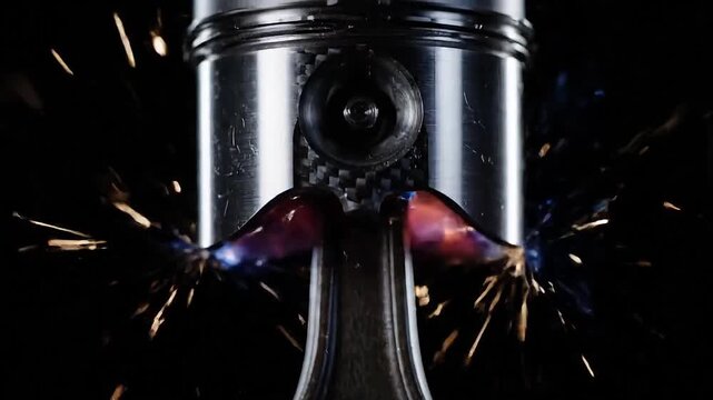Powerful engine piston ignites with fiery sparks and intense energy against dark background