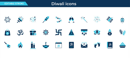 Diwali celebration icon collection, candles, lanterns, gifts and traditional symbols vector