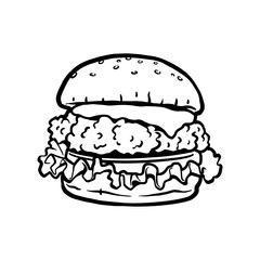 burger hand drawn, cheeseburger outline, fast food logo, sandwich graphic, snack meal vector, restaurant symbol, junk food design, tasty burger illustration