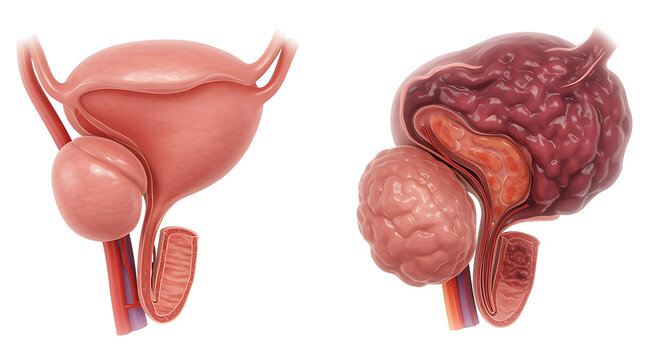 Illustration of a healthy prostate and an enlarged bph benign pr