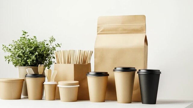 Assortment of paper cups, containers, and a bag with plant