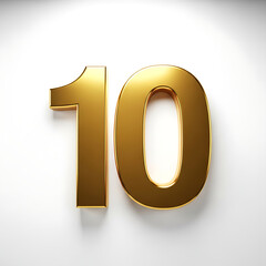 Brilliant 3D Gold Number Ten (10) Isolated on a White Background with Subtle Shadow