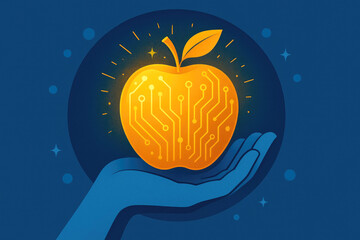Fototapeta premium Hand holding a glowing orange apple with circuit board pattern within a blue circle 