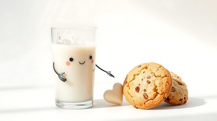 Glass of milk and cookies isolated on white background, love and snack