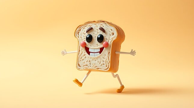 A cheerful slice of toast with a big smile is walking on a yellow background