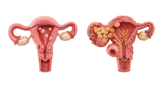 Polycystic Ovary Syndrome PCOS vs Normal Anatomy ovaries uterus