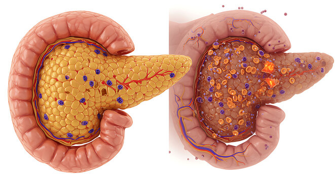 Pancreas Anatomy Comparison: Healthy vs. Diseased medical illust